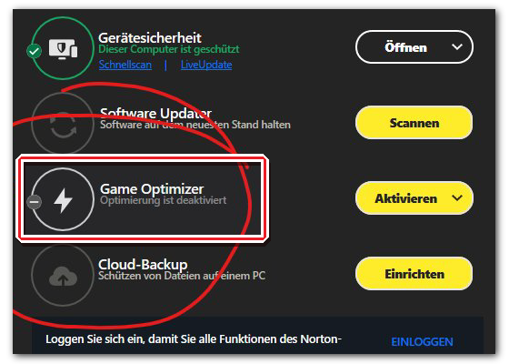 诺顿游戏优化器设置界面
