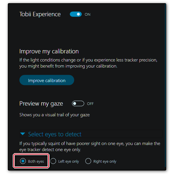 Tobii Eye Tracker Settings: Only track one eye
